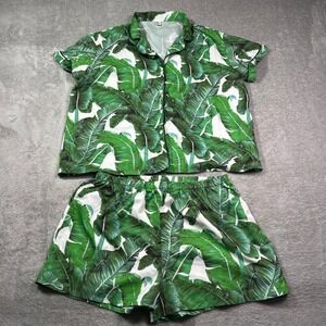 Green Palm Leaf Print Pajama Set Loungewear‎ Sleepwear Tropical Women's XL